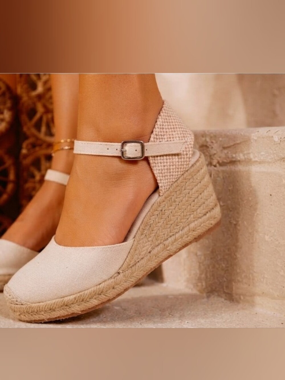 Soda Neutral Beige Espadrille Wedge Sandals with Ankle Strap